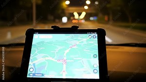 Tablet mounted in a car displaying a GPS map during nighttime driving
