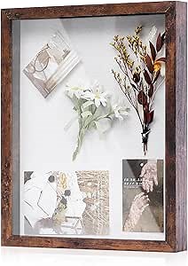 Muzilife 11x14 Shadow Box Picture Frame with Linen Board - Deep Wood & Glass Display Rustic Case Ready to Hang Memorabilia, Pins, Awards, Medals, Wedding, Tickets, and Photos, Rustic Brown