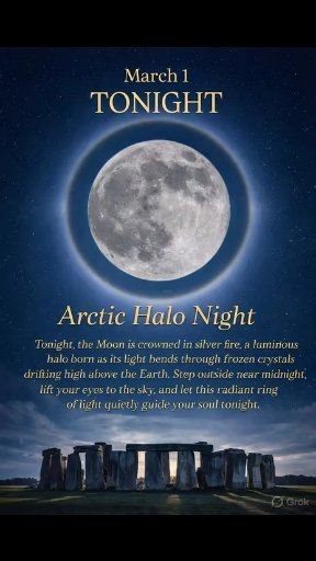 🌌 Tonight, the sky puts on a glowing crown. ✨ An Arctic halo will shine brightly on March 1, filling the night with a soft, magical light. | Exploratory World