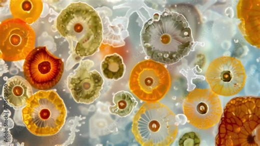 A micrograph revealing the amazing diversity of colors and shapes within an algal bloom ranging from vibrant yellows and oranges to . AI generation.