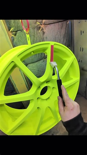 Dynamic Powder Coating on Instagram: "This wheel will make a statement in our new showroom! @columbiacoatings sent us some powders to try out a while back and we’re finally getting around to using some after opening up after our shop move! Powderpuff was one of them! Powder puff with a silver flake clear the 2 toned with fluorescent yellow! As always, the @coatingsbycoates vaxinator coming in CLUTCH! . . . . #powdercoat #powdercoating #powdercoated #customwheels powdercoatedwheels"