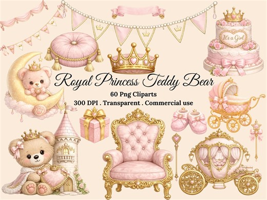 Royal Princess Teddy Bear Clipart Bundle, Pink Gold Baby Shower PNG (60 Files) - Etsy