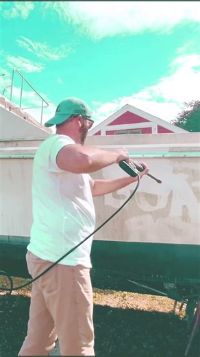 Power Washing Boat Holes the mini liveaboard yacht with Purple Power