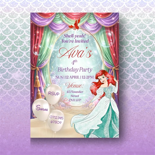 Mermaid Ariel Birthday Party Invitation, Editable Canva Template - Etsy