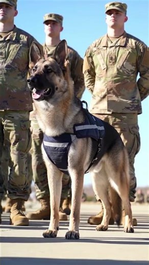A K9 stands in line with soldiers during a formal inspection under the morning sun