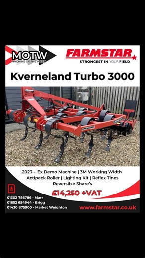 2.3K views · 11 reactions | Machine of the Week As seen doing a fantastic job at our demo days last week … the Kverneland UK Turbo 3000. 2023 serial number plate and very lightly used for demos. A great price at £14,250 +VAT. #Farmstar #Strongestinyourfield #backbritishfarming #farming #turbo3000 #kvernelanduk | Farmstar Ltd. | Facebook