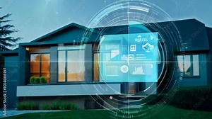 Smart home UI control center alarm system security suburban house apartment exterior cottage technology modern futuristic user interface interaction app device remote rich safety screen AI monitor