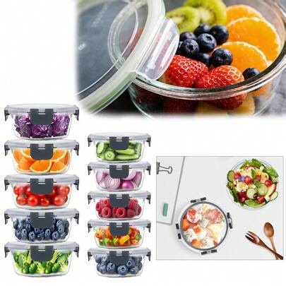 10 Pack Meal Prep Glass Food Storage Containers With Airtight Lids, Round Borosilicate Glass Containers Set (2 Sizes: 950ml & 400ml), Leak-Proof Kitchen Organizer For Lunch, Microwave & Freezer Food Containers For Home & Kitchen | SHEIN