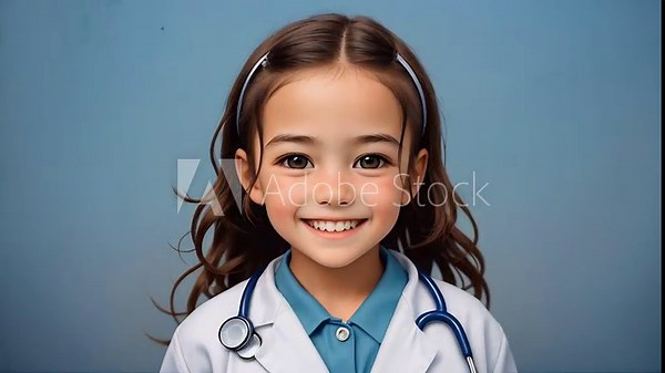 Smiling young girl dressed as a doctor with a stethoscope on a blue background, portraying healthcare and education