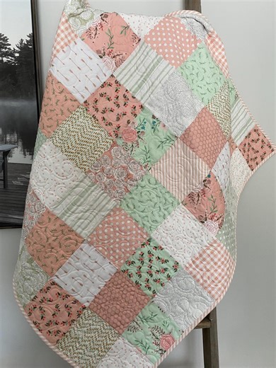 Baby Girl Pink and Green Quilt Minky Back - Etsy