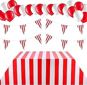 22 Pieces Carnival Theme Party Decorations Set Include Carnival Table Covers Tablecloth Red and White Striped Circus Pennant Banner Bunting Latex Balloons for Wedding Carnival Party Supplies