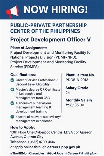 🚨 NOW HIRING! 🚨 The Public-Private Partnership Center of the Philippines (PPP Center) is looking for a Project Development Officer V (PDO V)! ✨ Be part of nation-building through partnerships! #TheHRMomChronicles #GovtJobs #CareersPH #hiringnow | HR Ash Government Jobs Ph