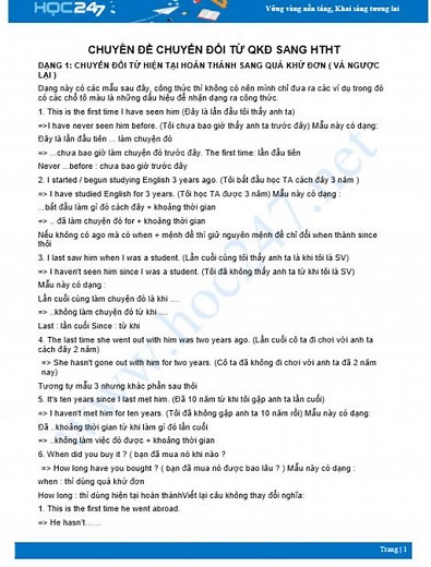 Chuyên đề chuyển đổi từ QKĐ sang HTHT và ngược lại