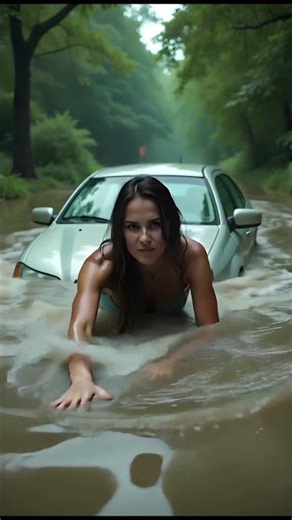 Woman escaping from flooded car in deep muddy water. #ai #shortvideo #aivideo