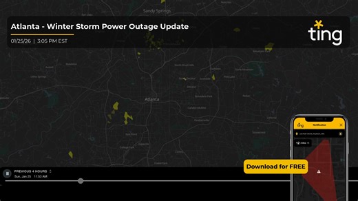 Outages are building as the storm moves through the Atlanta metro area. Ting is detecting sustained grid stress and scattered power loss across the region. For real-time, neighborhood-level insights, check the free Ting app. Stay safe and stay informed. Link to app in bio ☝️ | Ting Fire