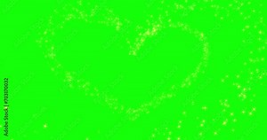 Golden particle glitter glow heart effect material background (green background). Loop materials, overlays, frames, green screens.