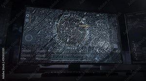 Radar Scanning Detailed Map Of City Displayed On Computer Screen. Surveillance To Get Data For Army Forces. Army Uses Modern Technologies To Track Terrorist Actions. Army Gets Access To Satellites.