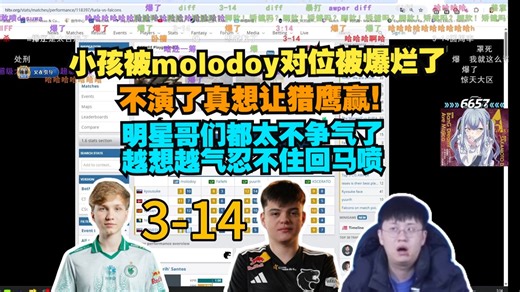 气死了!玩机器难绷monesy和molodoy对位数据3-14 不演了真想让猎鹰赢！但猎鹰太不争气了！越想越气忍不住回马喷