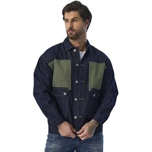 [Hot Item] Custom Green Colored Patchwork Cargo Long Sleeve Men Denim Jacket
