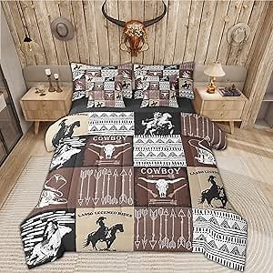 Country Western Bedding Sets Queen,Tribe Geometric Aztec Bed in a Bag Queen Comforter Set 7 Piece,Cowboy Horse Sheet Set with Comforter,Gothic Bull Skull Cowgirl Southwestern Decor,Black Brown
