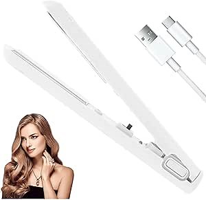 Mini Hair Curler, Flat Iron Hair Straightener, Mini Dual-Purpose Curling Iron, 2 in 1 Mini Ceramic Curler and Hair Straightener, Portable Hair Curler Wand, USB Powered Travel Hair Curling Iron (White)