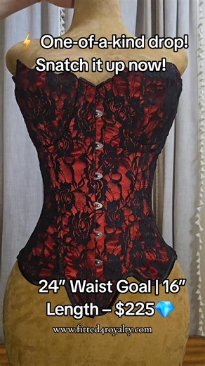 🔥 Snatch it up, Royalty! 🔥 Only ONE available This corset’s mermaid shape is pure enchantment — cinched at the waist, flared with graceful structure through the hips, and sculpted to perfection across the bust. The red satin base glimmers beneath delicate black rose mesh, creating a romantic yet daring contrast that turns every glance into a moment. 🌹✨ Features: 💎 Overbust fit for lift, coverage, and drama ⚔️ Steel boning for powerful structure and curve control 🎀 Lace-up back for adjustabl