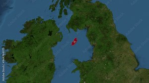 Zoom from Earth to Isle of Man. (Country Flag) World map animation with highlighted borders of countries. Images from NASA