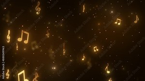 3d golden music notes flying on dark background 4k animation, music and concert motion design element