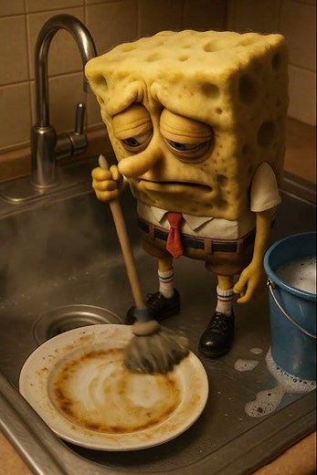 Realistic SpongeBob Washing Dishes | Hyper-Real 3D Scene || #aiart #3danimation #foryou #3dmodeling