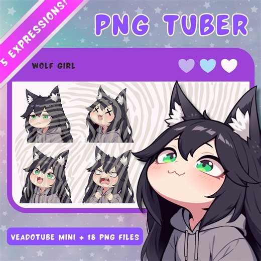 Black Haired Wolf Girl Pngtuber: Chibi Anime Vtuber Asset - 5 Expressions - Etsy