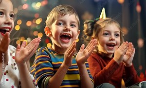 Kids enjoying a puppet show for National Puppetry Day, November 4th, creating and performing with puppets, hyperrealistic . Video