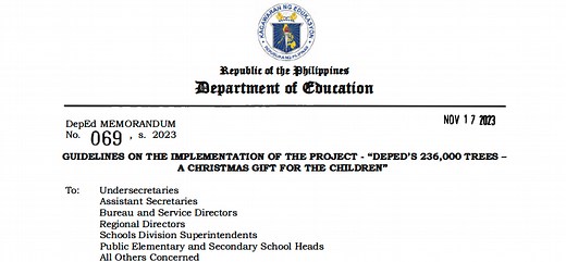 DepEd Memorandum No. 069, s. 2023 : Guidelines on the Implementation of the Project – “DepEd's 236,000 Trees-A Christmas Gift for the Children”