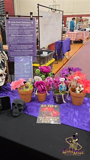 ✨💀 We’re all set up at Davison High School for the Smetanka Holiday Craft Show! 💀✨ | December 6–7 | 10am–4pm | $3 admission (ages 14 ) | Our tables are packed, the Skullys are shining, the holiday Dudes are jingling, and our Purple LACADA Box is ready to give back. 💜 If you’re hunting for one-of-a-kind gifts nobody else in the world will have, Little Dude Skeletons™ has the perfect spooky-cute treasures waiting for you. $1 from every sale goes toward supporting domestic violence survivors. Co