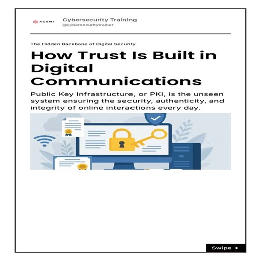 ACSMI I Accredited Cybersecurity Training on Instagram: "Public Key Infrastructure (PKI) underpins trust across modern digital systems by securing communication, validating identities, and enforcing encryption at scale.⁠ Every secure website visit, encrypted email, or authenticated device interaction relies on PKI to function safely in open networks.⁠ ⁠ Unlike manual verification methods, PKI enables mathematically enforced trust through digital certificates issued by trusted authorities. This a