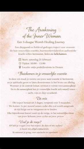 Trancehelermedium on Instagram: "The Awakening of the Inner Woman ✨ Een 5-daagse Womb Healing Journey Een diepgaand en liefdevol gedragen traject voor vrouwen die hun vrouwelijke essentie, baarmoederwijsheid en authentieke kracht willen herinneren, helen en belichamen. 🗓 Start: zaterdag 21 februari 2026 ⏳ Tijden: 10.00 – 15.00 📍 Locatie: mijn praktijkruimte in Druten ✨ Thuiskomen in je vrouwelijke essentie In deze reis maak je ruimte om jouw ware essentie te herinneren en je spirituele gaven t
