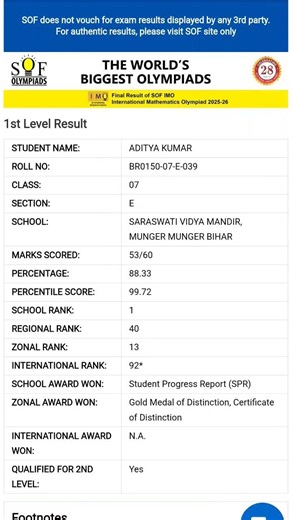 SOF IMO Results declared/ Qualified for 2nd level 🎉 #olympiad #shorts