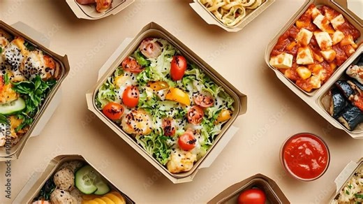 Assortment of fresh takeout meals in cardboard containers with various healthy ingredients, sauce, and pasta for delivery service