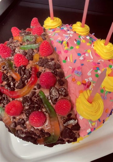 Max and Ruby Cake Details! Max’s Side: 1 box of chocolate cake mix 1 jar of milk chocolate frosting 1 bag of gummy worms 1 package of raspberries 1 package of oreos Ruby’s Side: 1 box of strawberry cake mix 1 jar of strawberry frosting 1 yellow frosting squeeze tube 1 jar of star shaped sprinkles 1 pack of pink candles #maxandruby #maxandrubycake #cakedecorating #baking #bakingtiktok