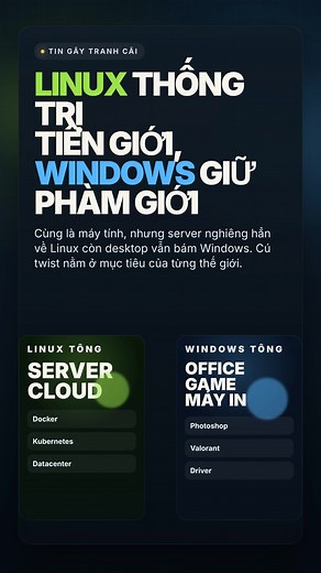 • Linux bá chủ server, cloud, Kubernetes vì scale rẻ và hợp hạ tầng • Windows vẫn giữ desktop vì app, game, driver và thói quen người dùng • Câu hỏi mở cuối: nếu app và game đều ngon trên Linux, ngôi desktop có đổi chủ không? #linux #windows #devops #cloud #kubernetes
