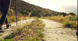 Two hikers hiking up a trail on a mountain on a summer day. Closeup of women walking in nature on a path using walking sticks. Active tourists exercising outdoors while on holiday. People training