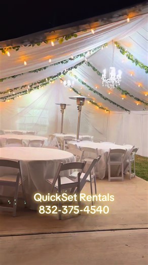 Beautiful backyard wedding 🤍✨ 20x30 white draped tent with 5 round tables, 5 tablecloths & 40 white garden chairs Add greenery and string lights to elevate your event 🌿💡#wedding #eventdecor #quicksetrentals #babyshower #baptism