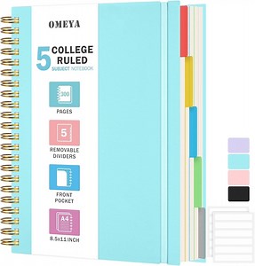 OMEYA 5 Subject Notebooks College Ruled, Spiral Notebook 8.5 x 11in with Dividers, 300 Pages 100GSM Thick Spiral Writing Journal for Women & Men, Large A4 Lined Journal for Work, Campus