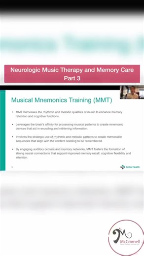 Here’s part 3 of our conversation with Terrell Liedstrand, MT-BC on neurologic music therapy and memory care. Today’s technique: Musical Mnemonics Training (MMT). Do you use any mnemonic devices? Drop it in the comments! #musictherapy #music #sacramento #sutter #nmt #neuro #neurologicmusictherapy #neurology #neuroscience #memoryloss #memorylossprevention #memorycare
