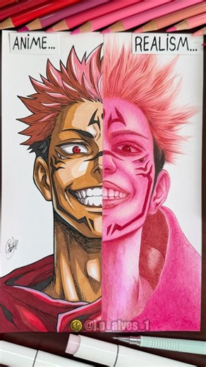 Drawing Sukuna 🔥/ Anime VS Realism Pt.2 #jujutsukaisen #sukuna #realism #drawing #jjk #art