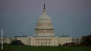 United States Capitol Building in Washington, D.C. with iconic dome and columns, illuminated against a pale sky at dusk. A flock of birds fly overhead, creating a sense of movement.