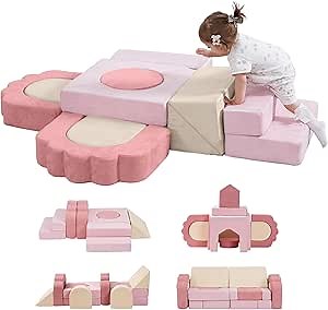 13 Pieces Foam Climbing Blocks for Toddlers|Floral Baby Soft Play Gym,Kids Indoor Crawing Climbers & Play Structures for Bedroom,Livingroom & Playroom,Pink & Beige