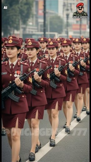 Beautiful Women in Ruby Red Military Uniforms Lead the Parade!