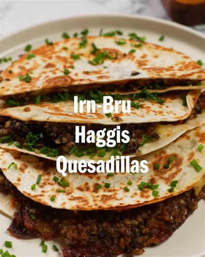Scotland’s best exports. Macsween Haggis x Irn-Bru in a Quesadilla with potato and chilli jam 🌶️ ​@Irn-Bru Did how did we do? Recipe in the comments ⬇️ | Macsween Haggis