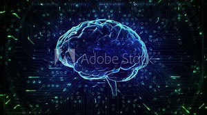 Rotating Brain Model with Neural Network Iridescent Impulses Showing Brainstorming Neuronal Activity. Artificial Intelligence. AI Circuit Board.