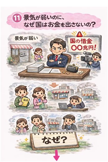 初心者向け🔰政治経済⑪ 景気が弱いとき、 本来は国がお金を出して 経済を支えることができます。 でも日本では 「財源がない」 「国の借金が増える」 そう言って 支出を抑える議論が 繰り返されてきました。 なぜでしょう。 ここには政治の判断があります。 #初心者向け政治経済 #日本経済 #積極財政 #政治の役割 #景気と政治 #経済の基本 #暮らしと政治